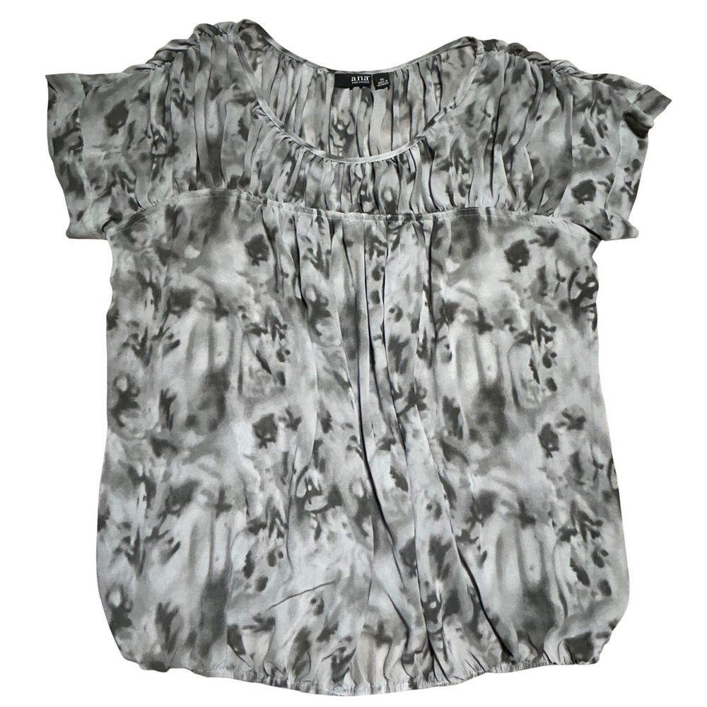 a.n.a Sheer Gray Tie Dye Bubble Hem Blouse Short Sleeve Top XL